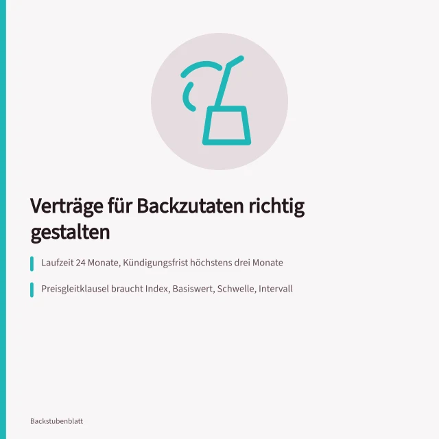 Karte zu Vertragsklauseln für Backzutaten mit Laufzeit, Preisgleitklausel und Rabatten. Rahmenvertrag mit Backzutatenlieferanten mit Laufzeit, Preisen und Rückvergütung
