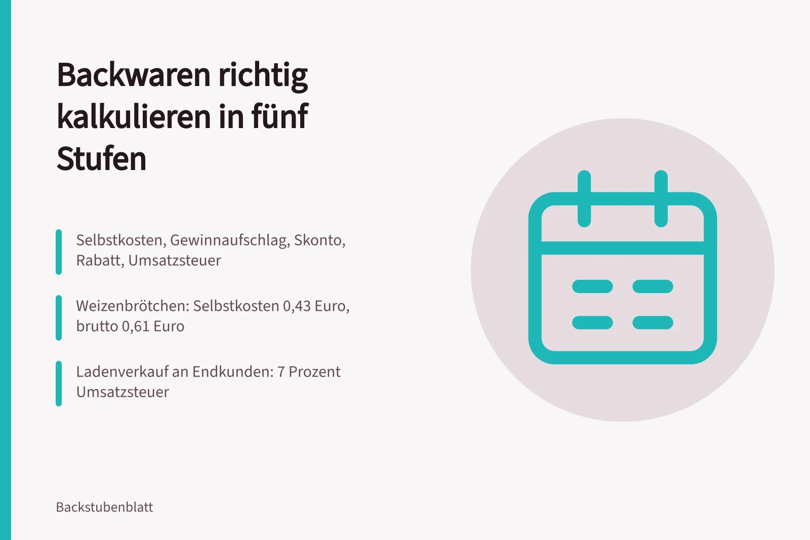 Kalkulationsschema für Backwaren mit fünf Stufen und Brötchen-Beispiel